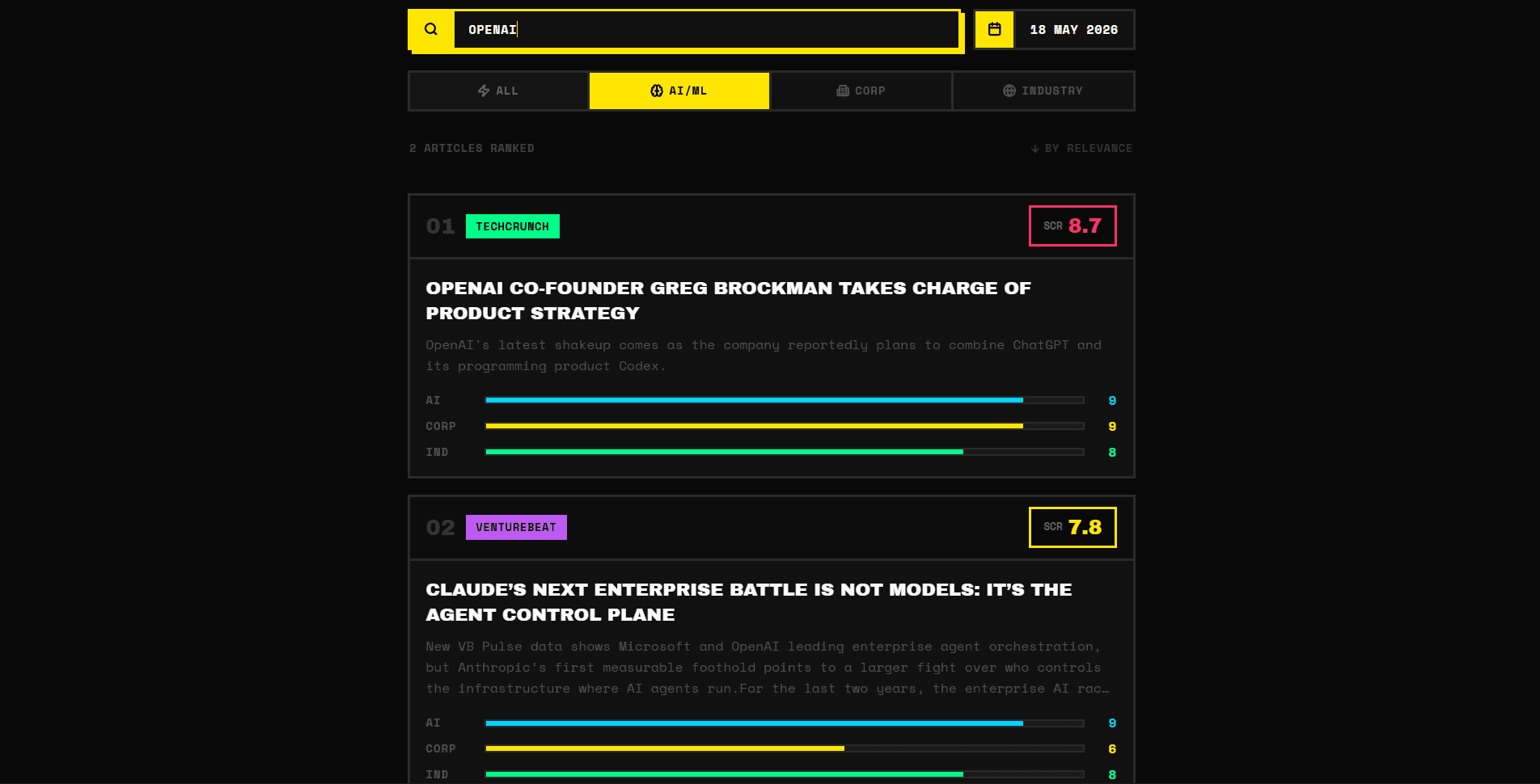TheSignal — Browse the AI-ranked daily feed with score bars