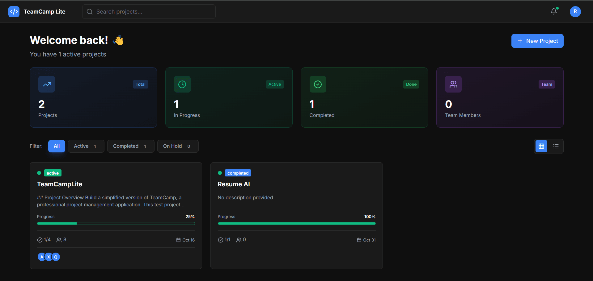 TeamCamp Lite — All projects dashboard — create new or open existing