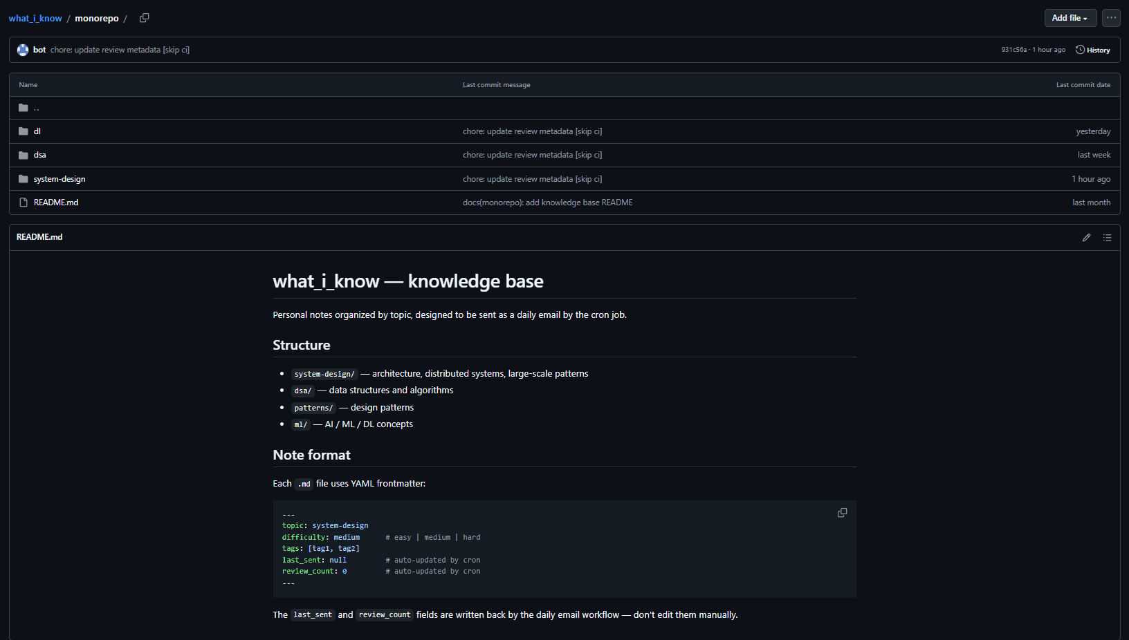 what_i_know — Knowledge base organised by CS domain with YAML frontmatter